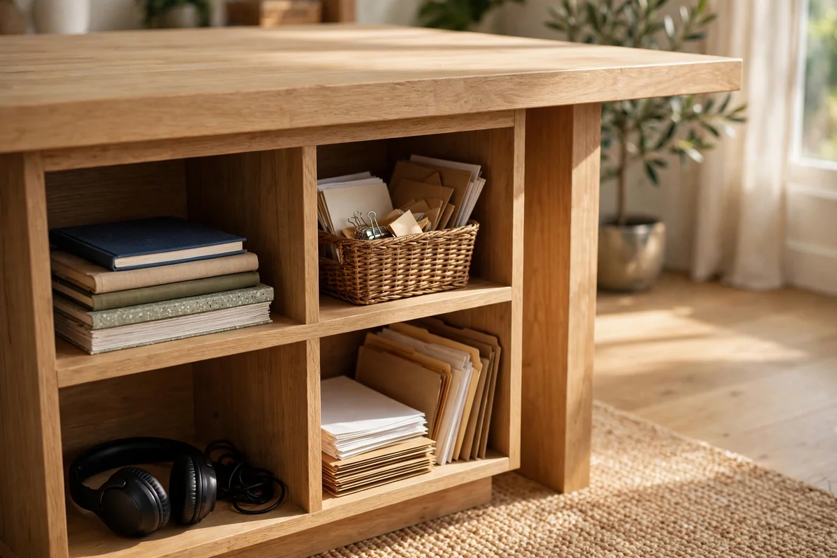 Open cubby unit beneath one end of a wide desk with notebooks, basket and headphones