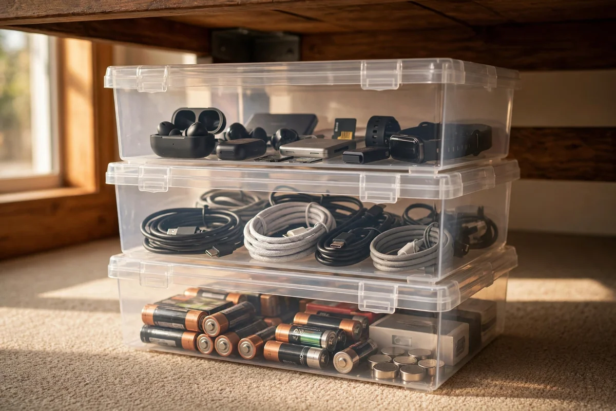 Low stack of clear lidded boxes under a desk holding cables and small tech by category