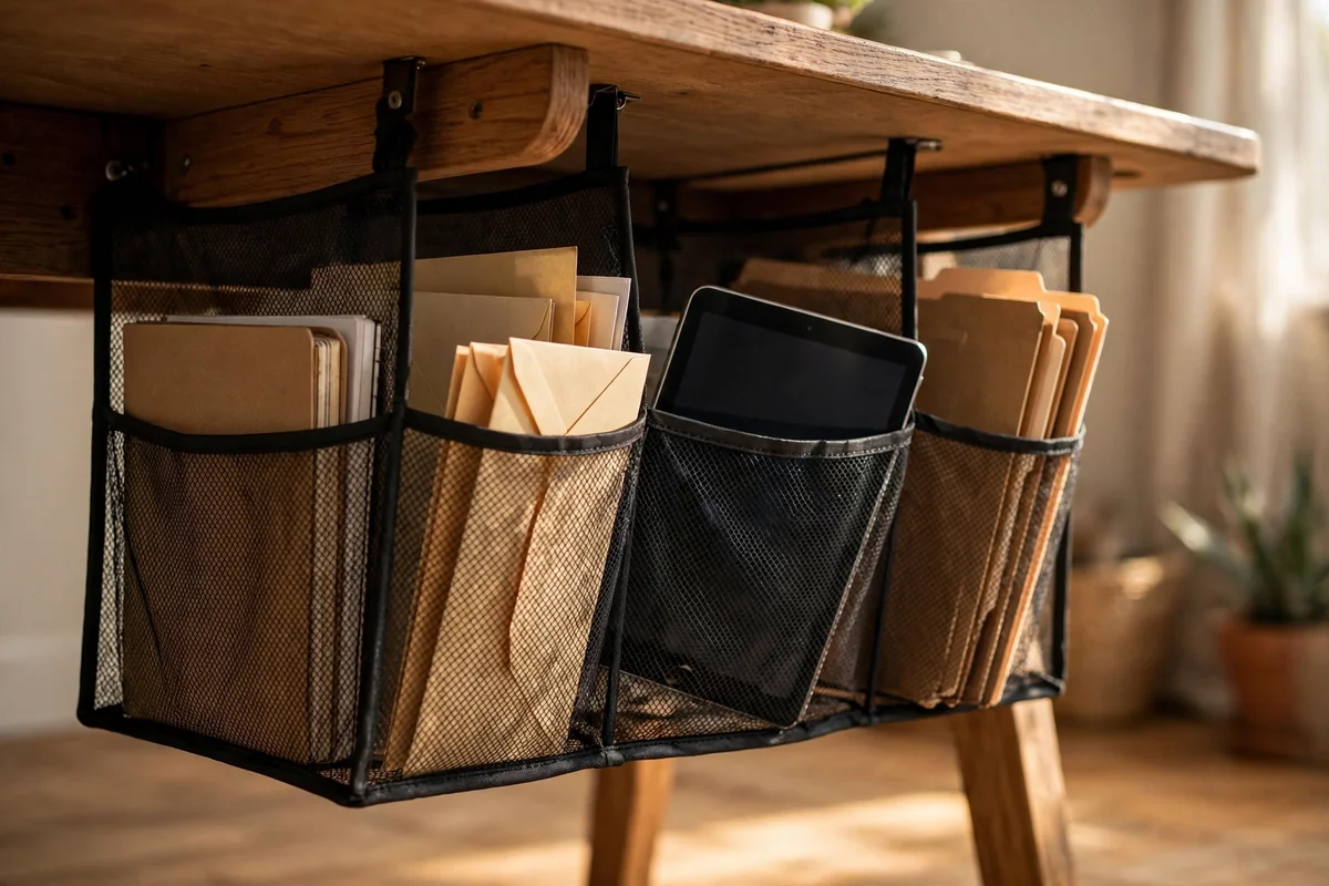 Mesh storage pockets hanging beneath the side of a desk holding notebooks and a tablet