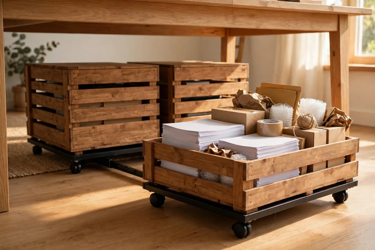 Wooden crates on furniture sliders beneath a desk holding paper and supplies