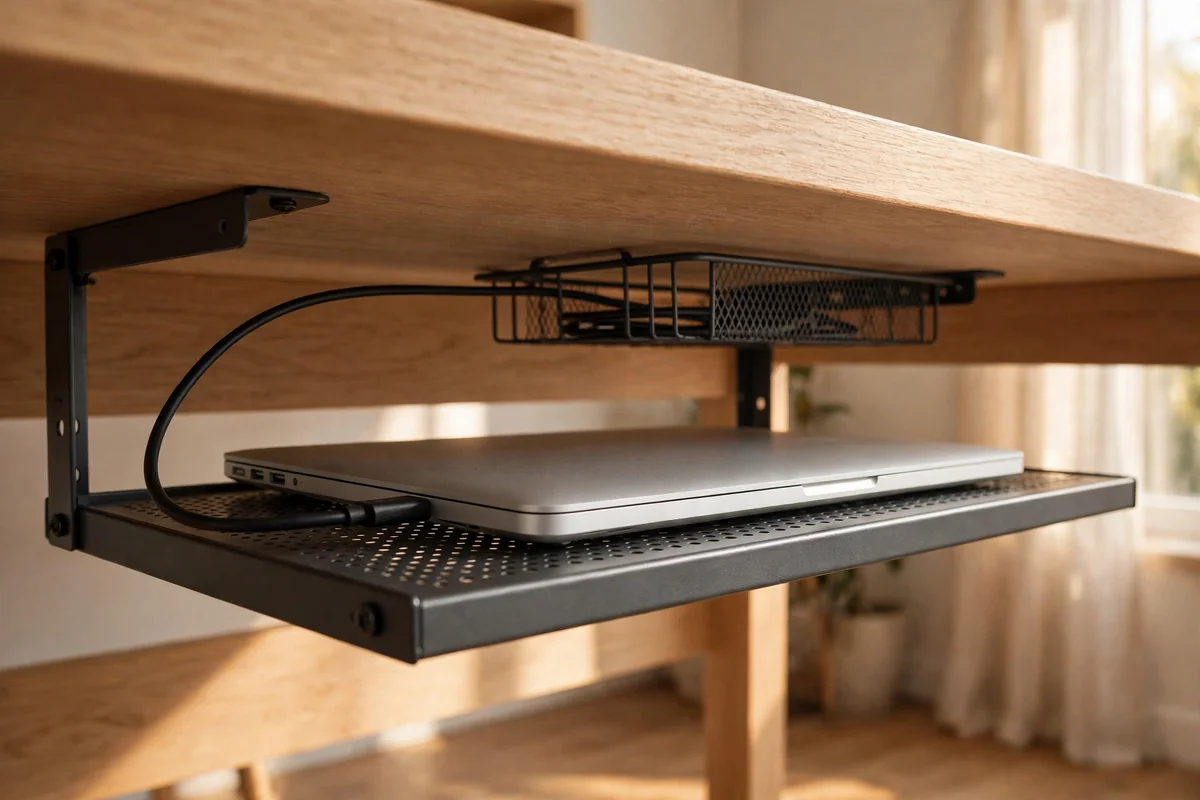 Ventilated metal shelf beneath a desk holding a closed laptop with routed cable