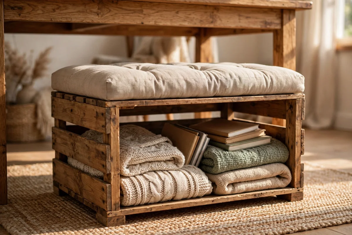 Wooden crate with a cushioned top used as a footrest under a desk, storing blankets and notebooks