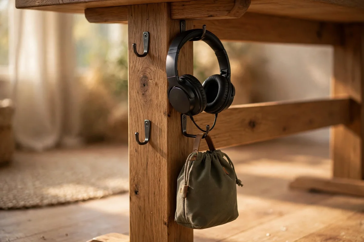 Hooks along the inner desk leg holding headphones and a small day bag