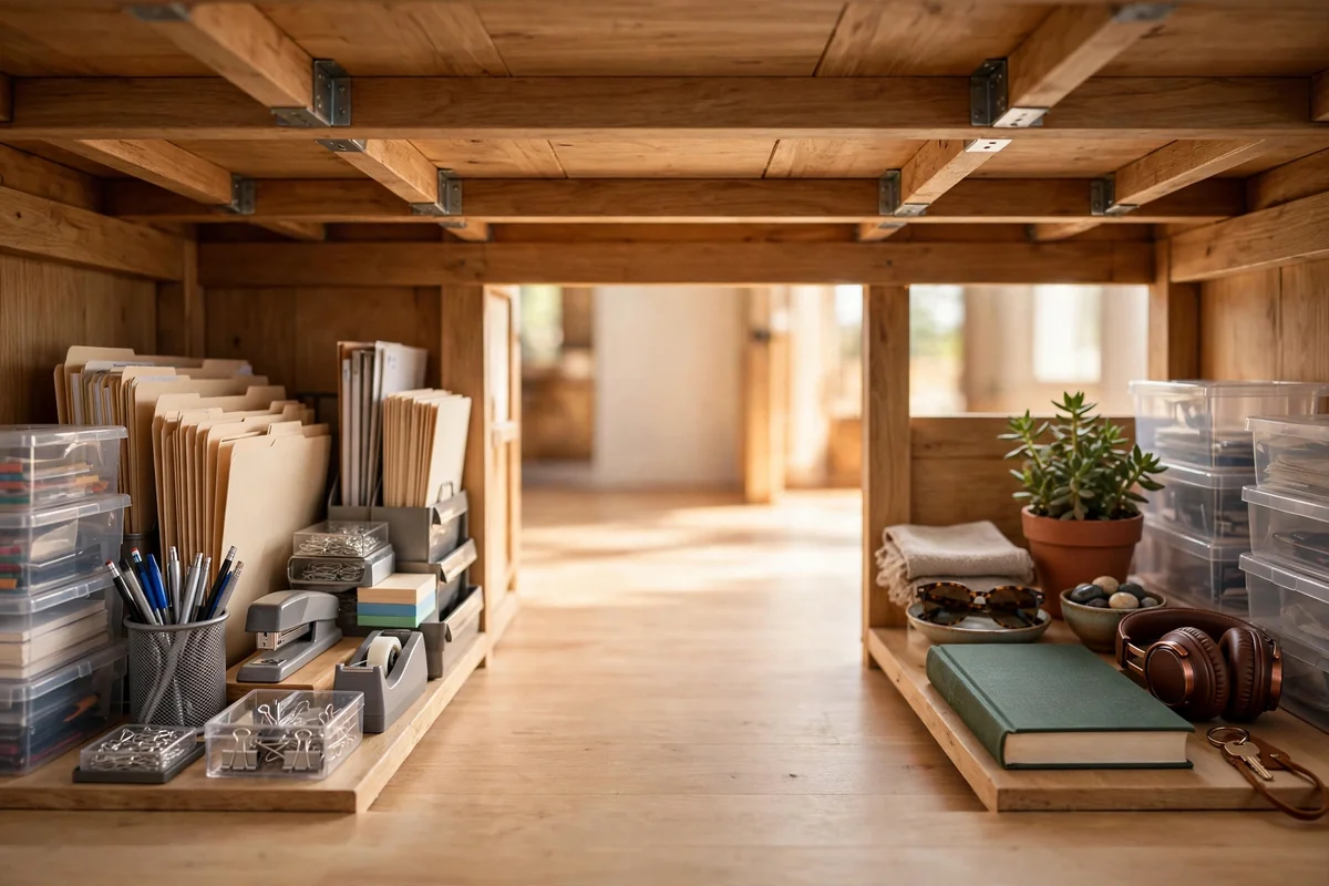 Two organized zones beneath a wide desk, work supplies left and personal items right