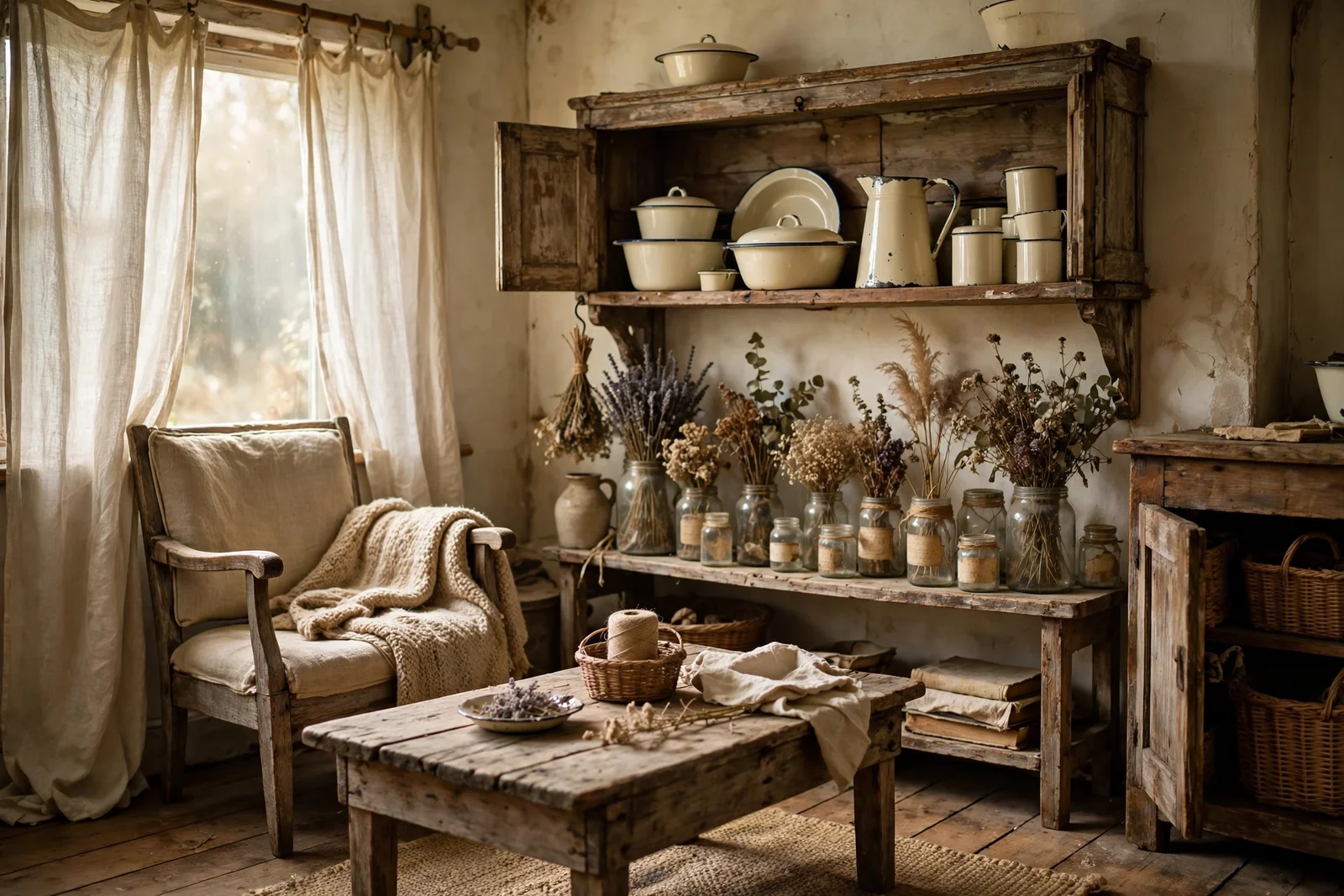 Warm cottage living room with vintage finds, enamelware and dried flowers