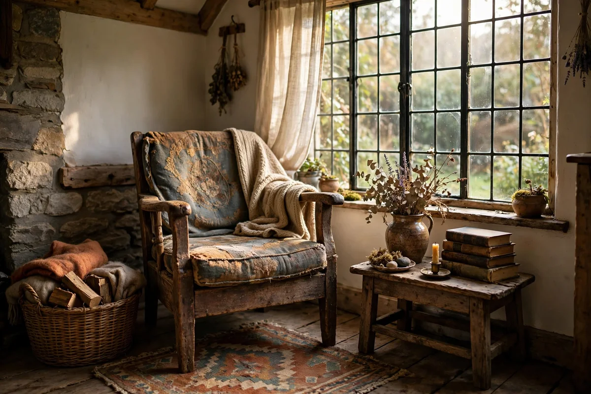 A worn wooden armchair with a cushion beside a window, cottage room
