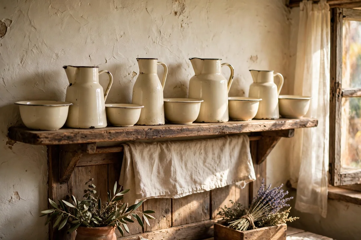 Cream enamelware jugs and bowls lined on an open wooden shelf