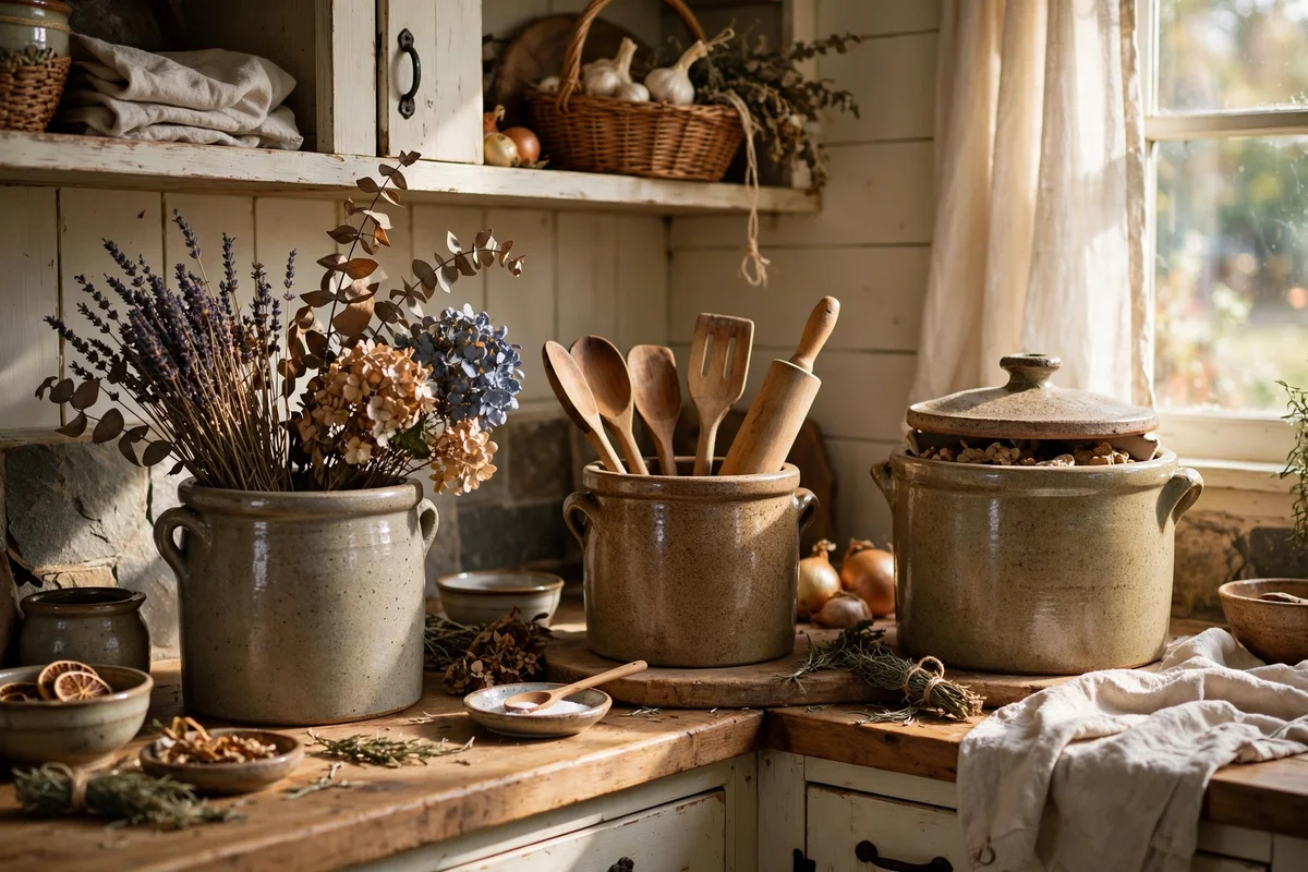 Stoneware crocks holding wooden utensils and dried flowers in a kitchen