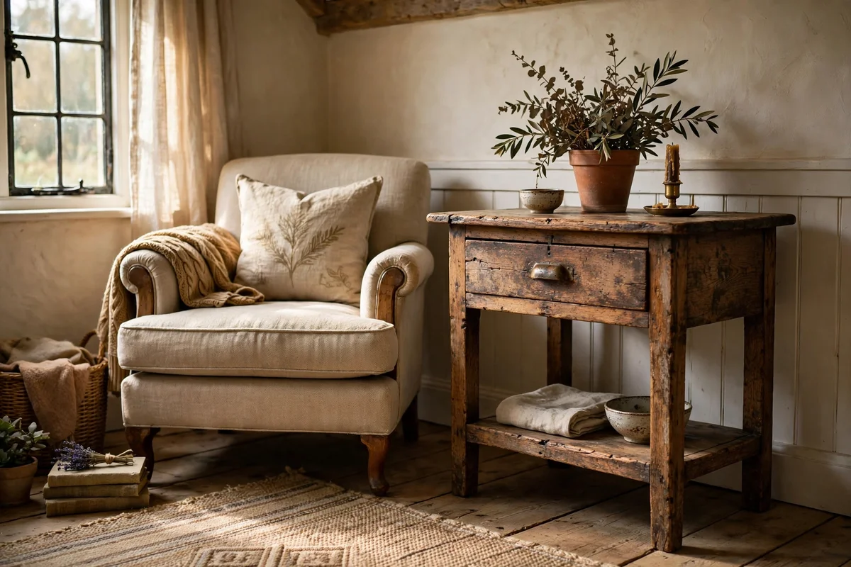 An aged oak side table with patina beside a cottage armchair