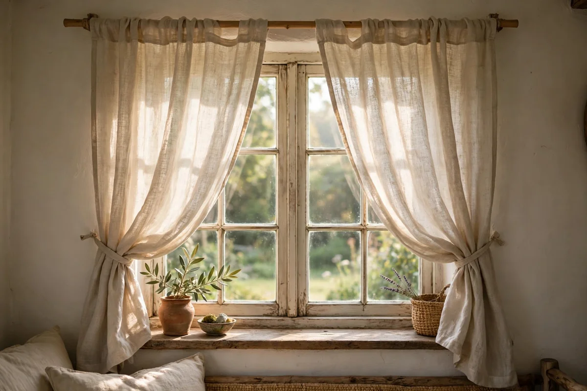 Washed linen curtains filtering warm light at a cottage window