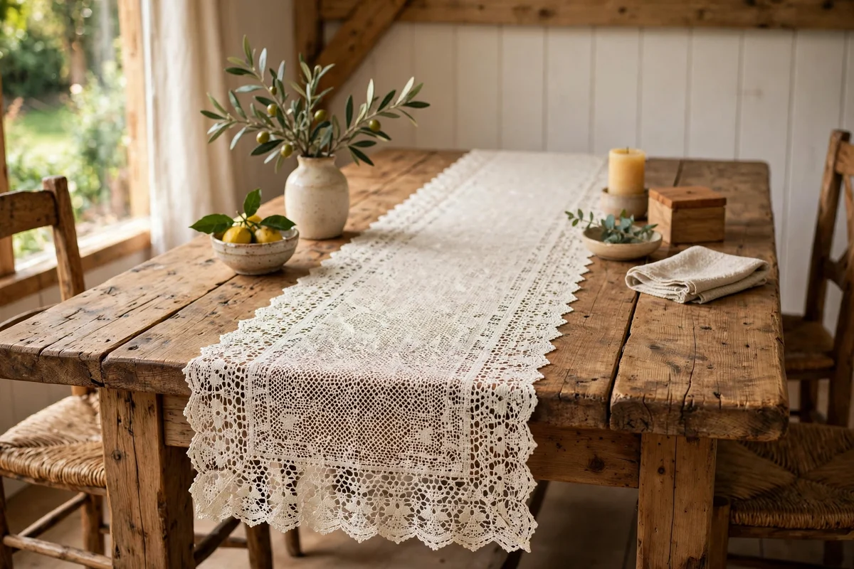 A plain lace runner laid over a natural wood dining table