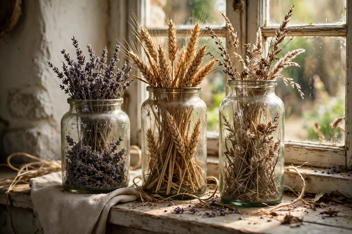 Old glass jars filled with dried lavender and wheat on a sill