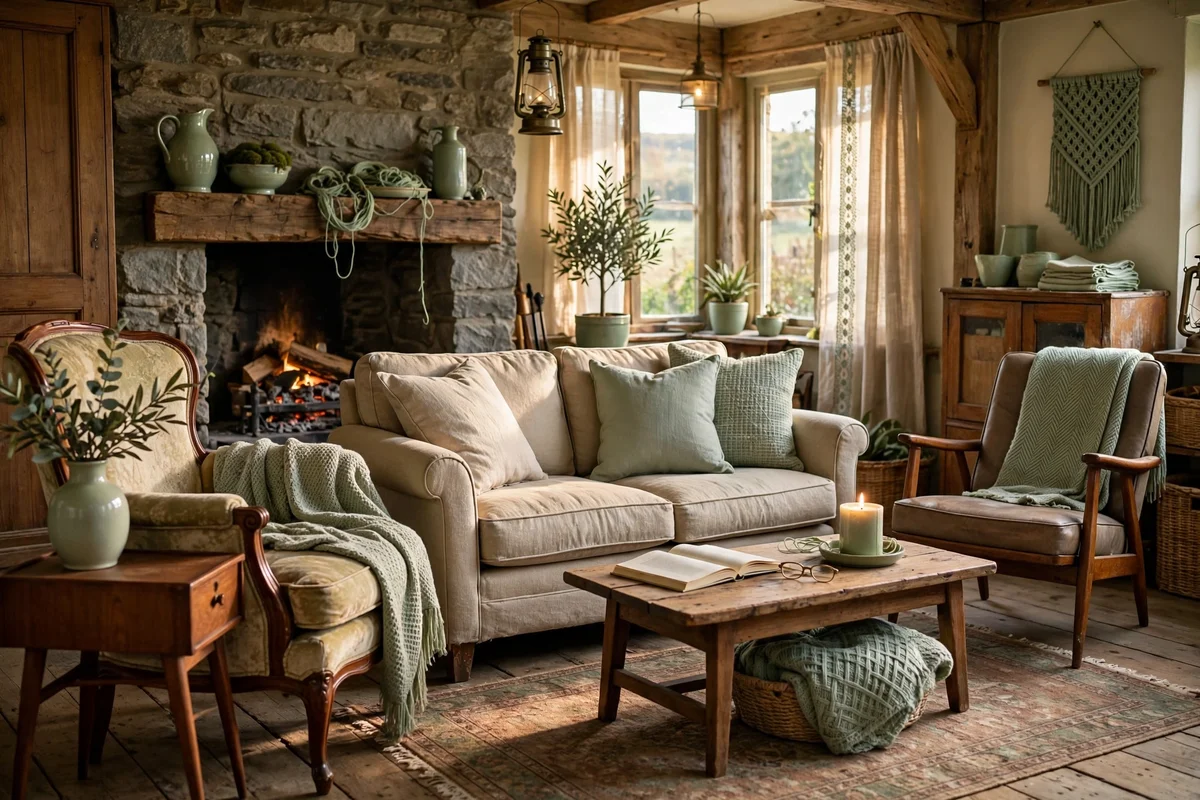 A cottage room mixing old and new furniture tied by one soft colour