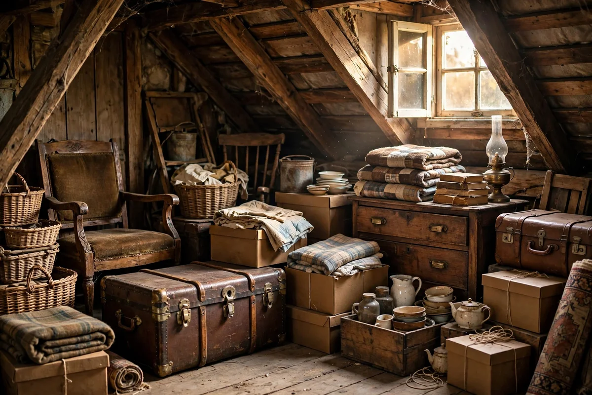 A family attic with vintage furniture and boxes waiting to be claimed