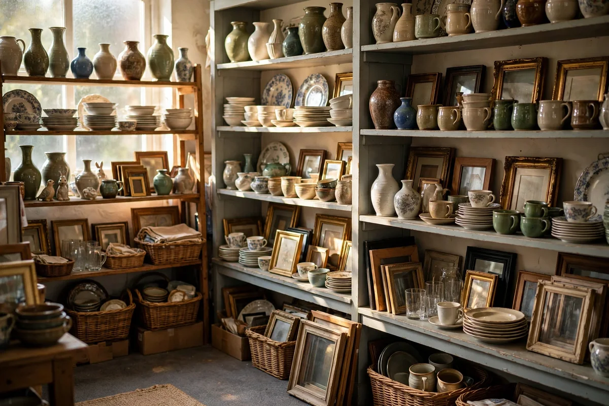 Shelves of secondhand treasures inside a charity shop