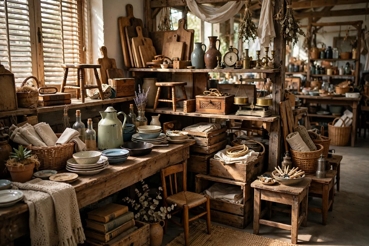 A flea market stall with vintage homewares in morning light
