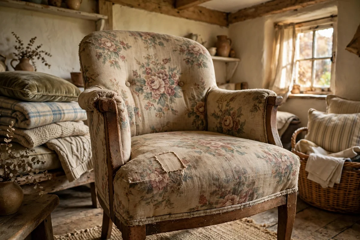 Hands-free close view of a vintage upholstered chair being inspected