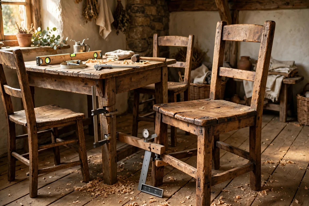 An old wooden chair being checked for sturdy joints in a cottage room