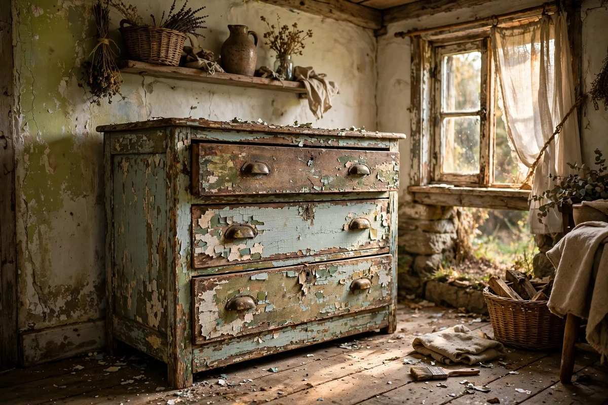 A very old painted dresser with aged chippy paint in a cottage room