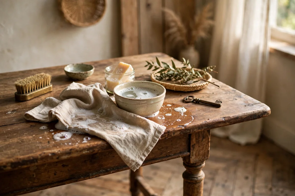 Gentle cleaning of a vintage wooden piece with a soft cloth