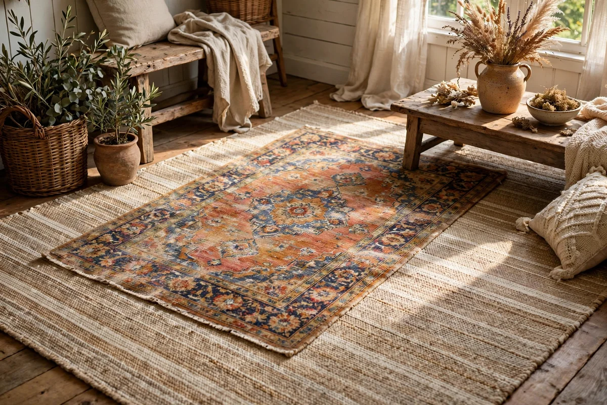 Layered rugs with a smaller vintage rug over a flatweave in a cottage room