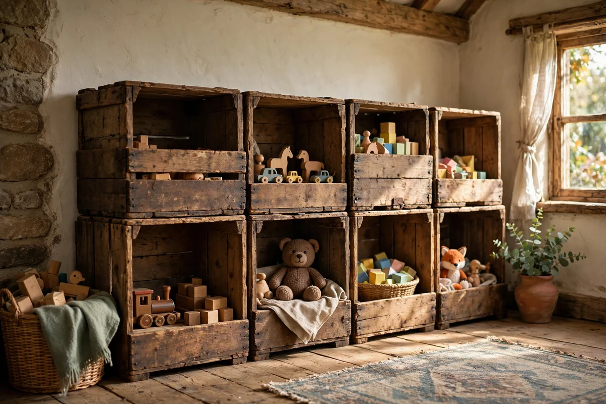 Old wooden crates stacked as low shelving in a cottage room