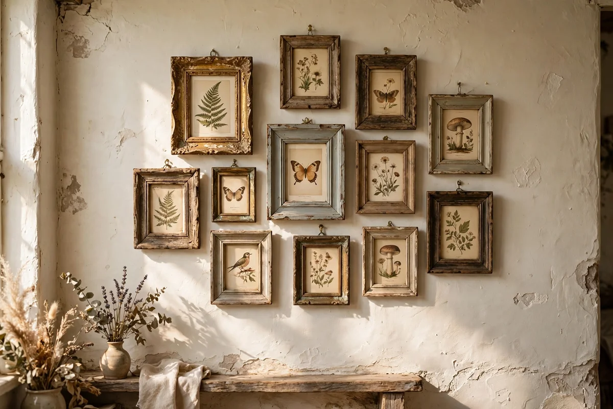 Small vintage prints in mismatched aged frames on a cottage wall