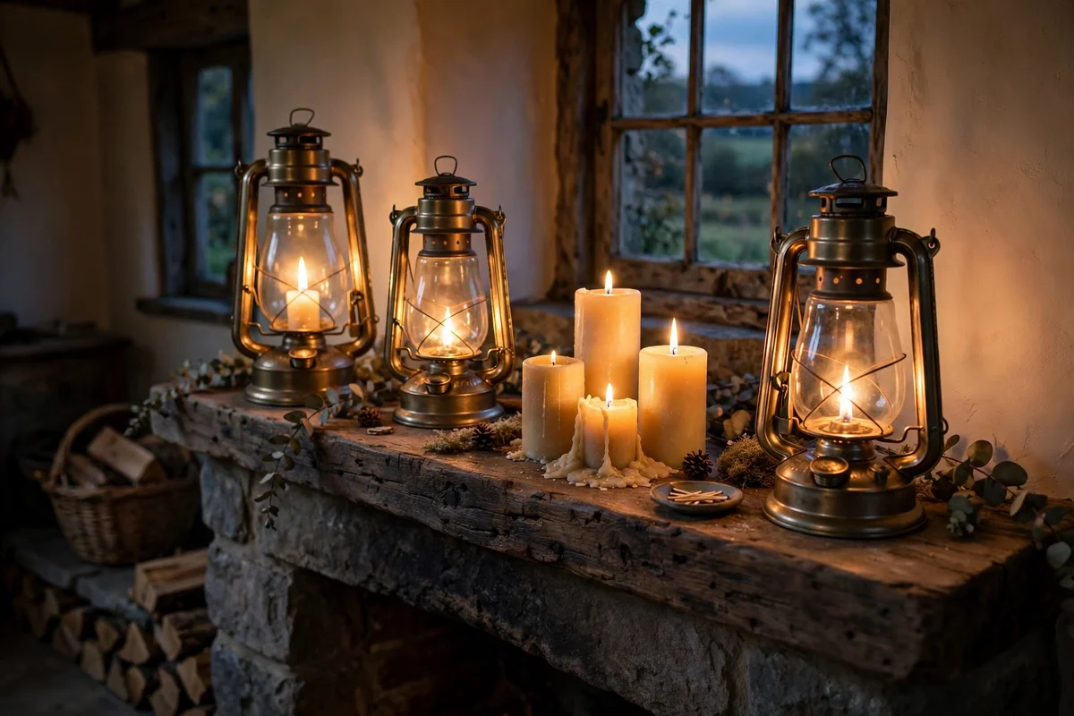 Hurricane lanterns glowing on a cottage mantel in the evening