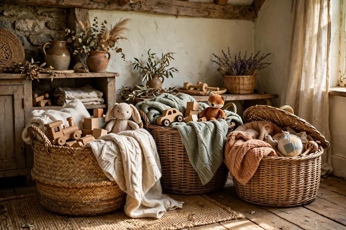 Woven baskets holding throws and toys in a cottage living room