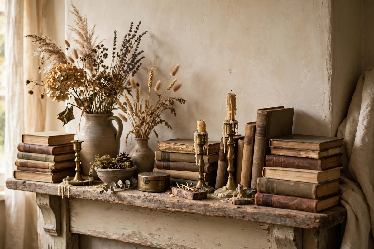 A slowly gathered cottage mantel with dried flowers and candlesticks