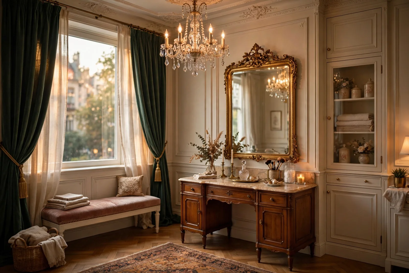 Wide view of a beautiful vintage dressing room with vanity, mirror and chandelier in warm light