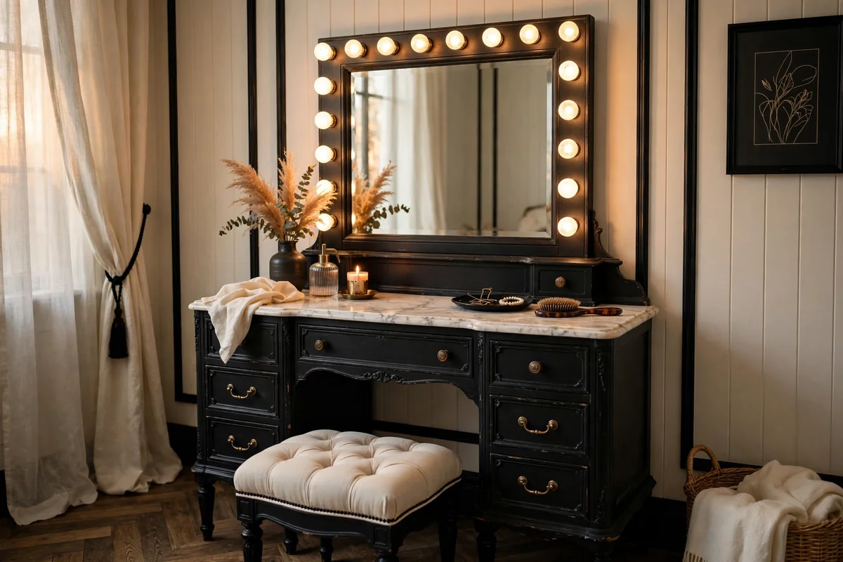 Vintage vanity with marquee bulb mirror, tufted stool, black and ivory palette