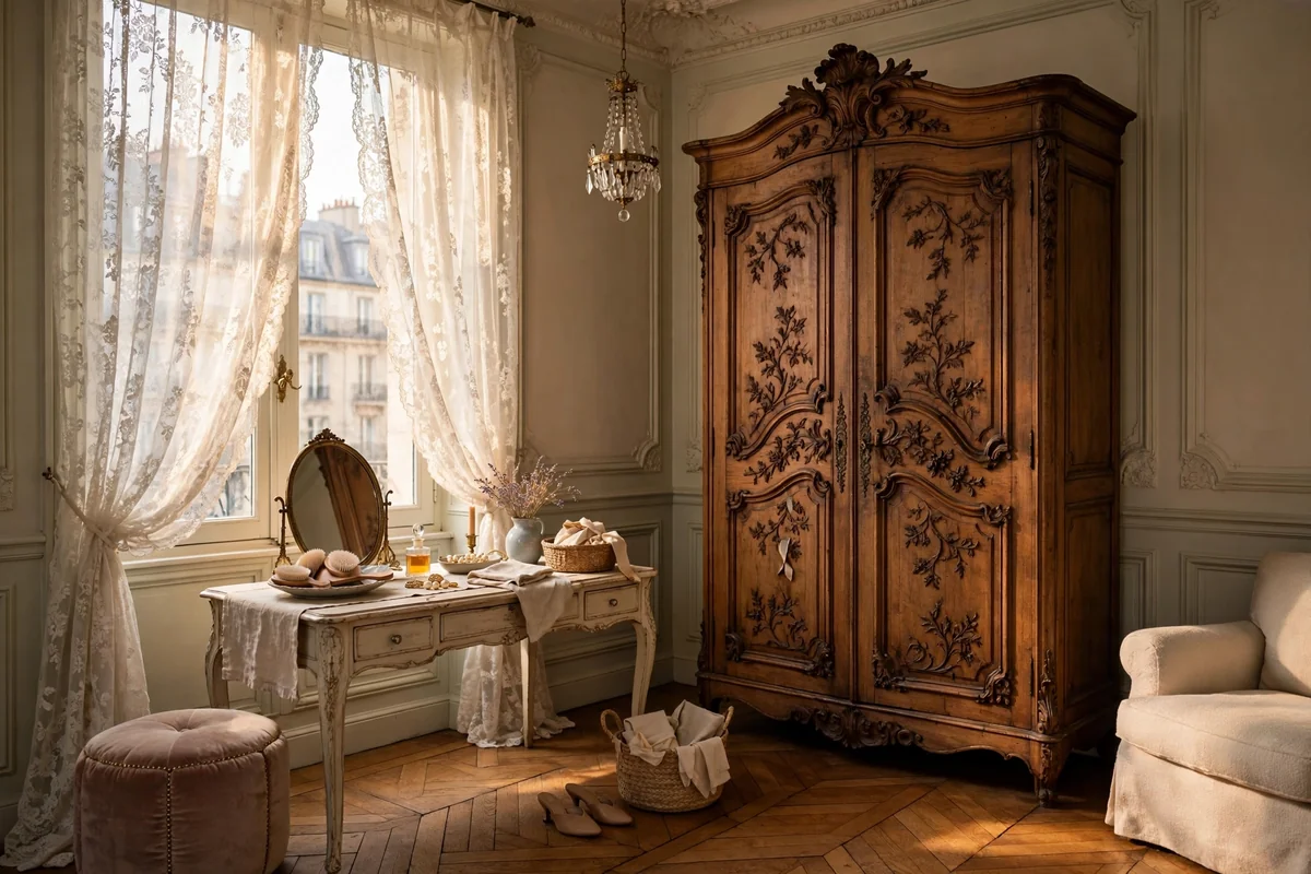 Parisian style dressing room with antique carved armoire and lace curtains