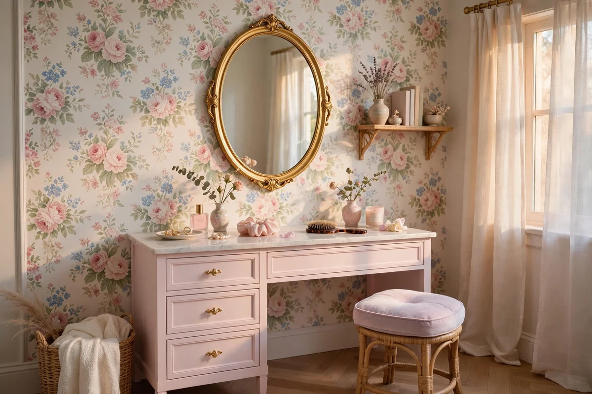 Feminine pastel dressing nook with floral wallpaper and gold oval mirror