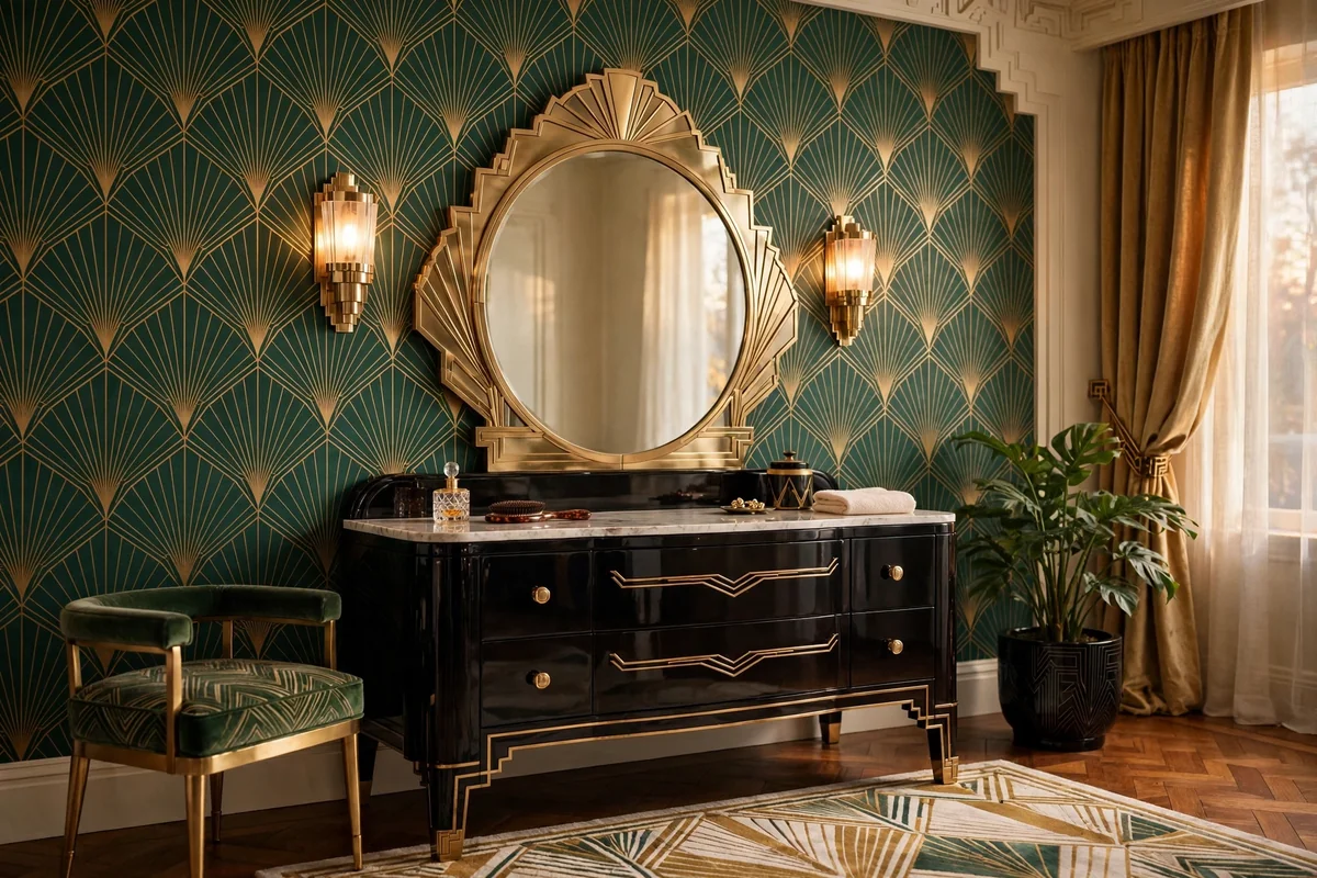 Art deco dressing area with geometric fan wallpaper and lacquered vanity