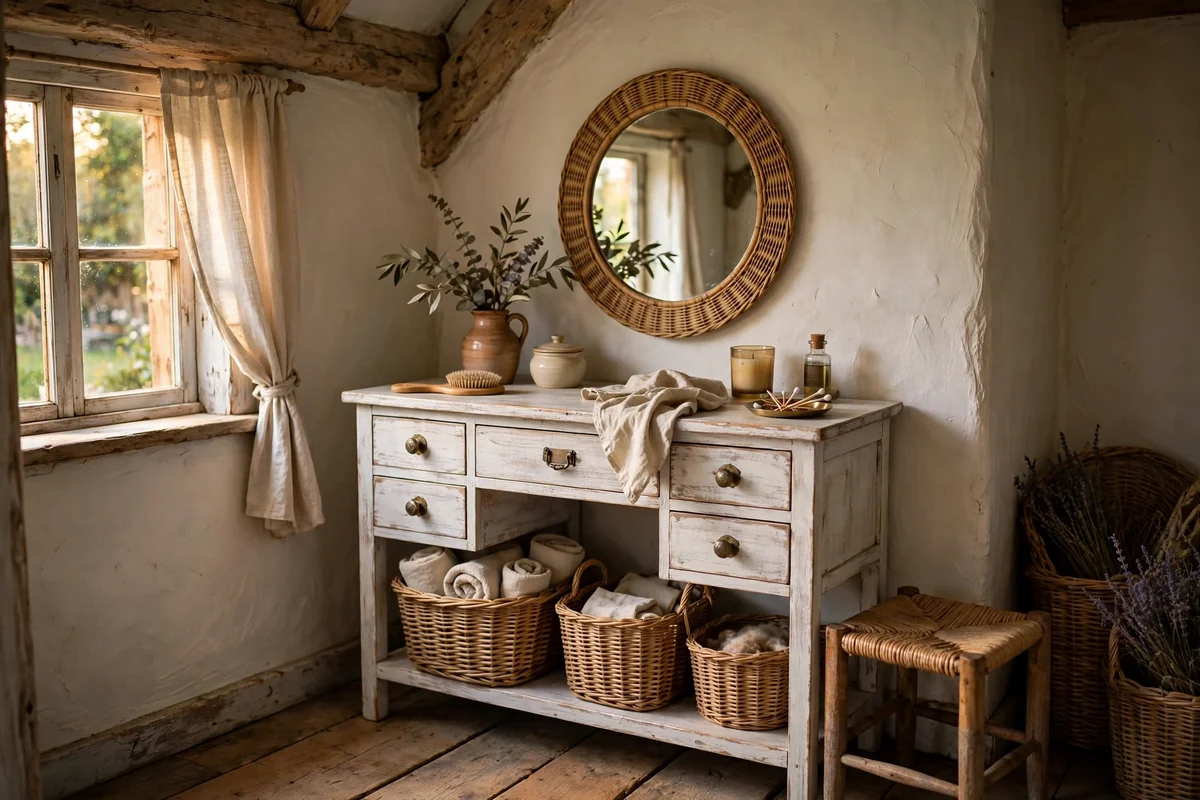 Rustic cottage dressing corner with whitewashed wood vanity and wicker baskets