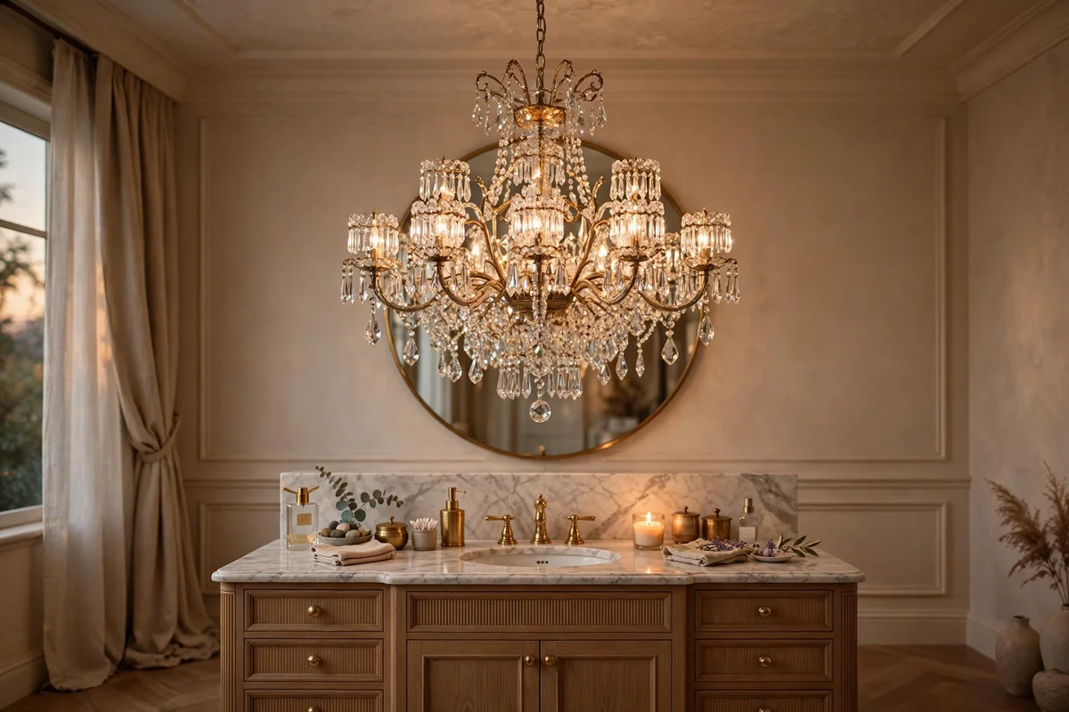 Sparkling crystal chandelier over a marble-top vanity table