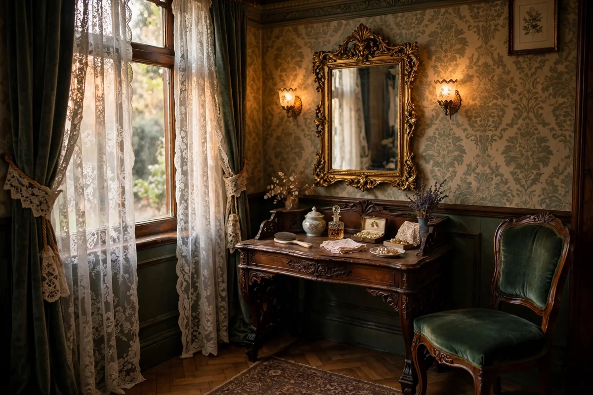 Victorian style dressing corner with lace curtains and petite wall sconces