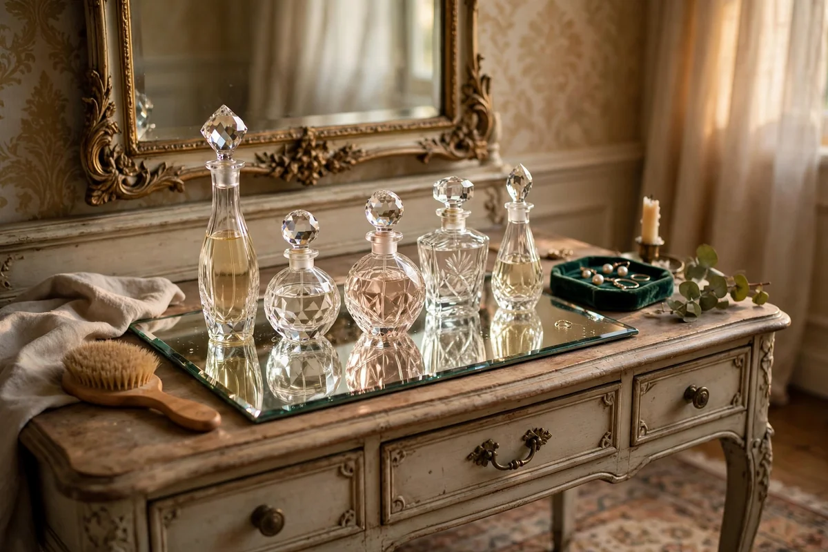 Mirrored tray with cut crystal perfume bottles on a vintage vanity