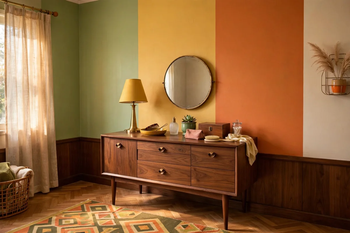 Retro 1960s style dressing area with color-blocked walls and walnut vanity