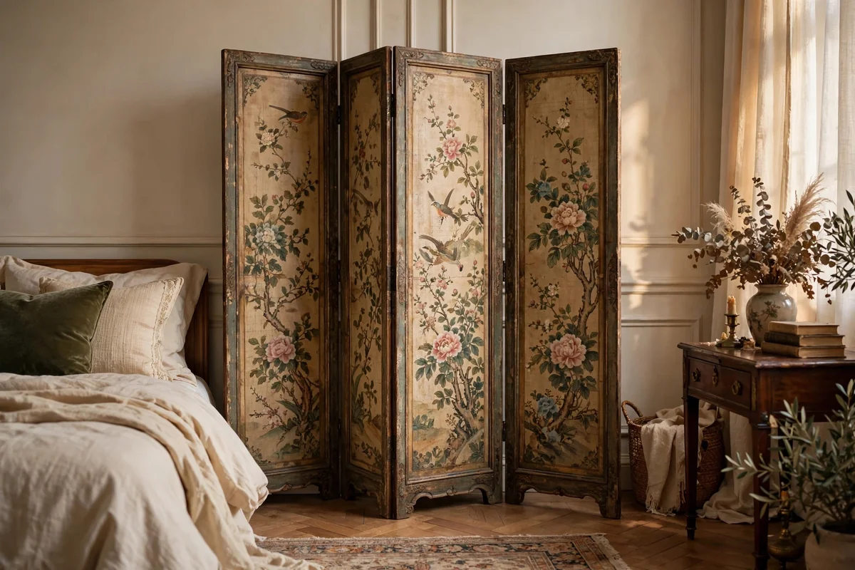 Antique hand-painted folding dressing screen in an elegant bedroom corner