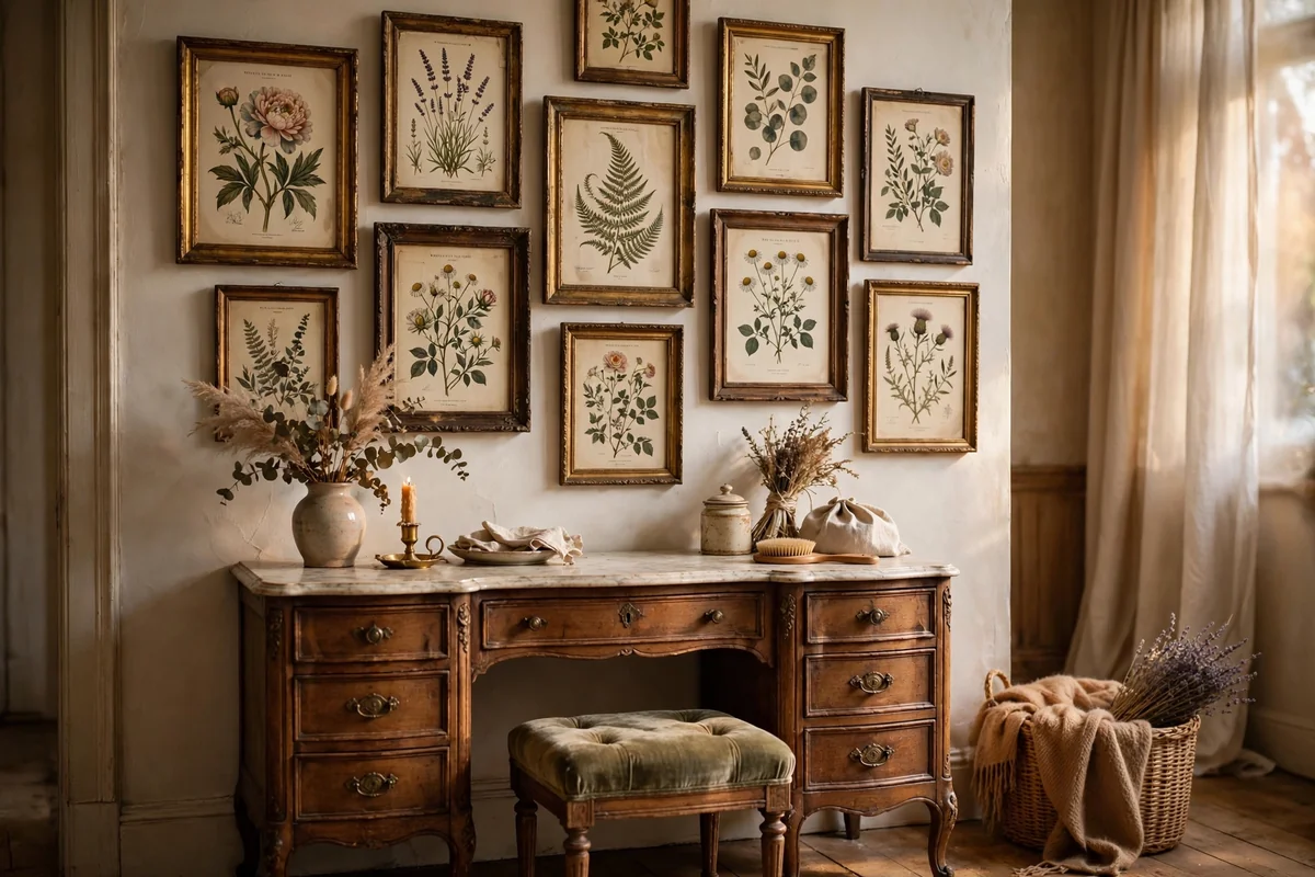 Gallery wall of antique framed botanical prints above a vintage vanity