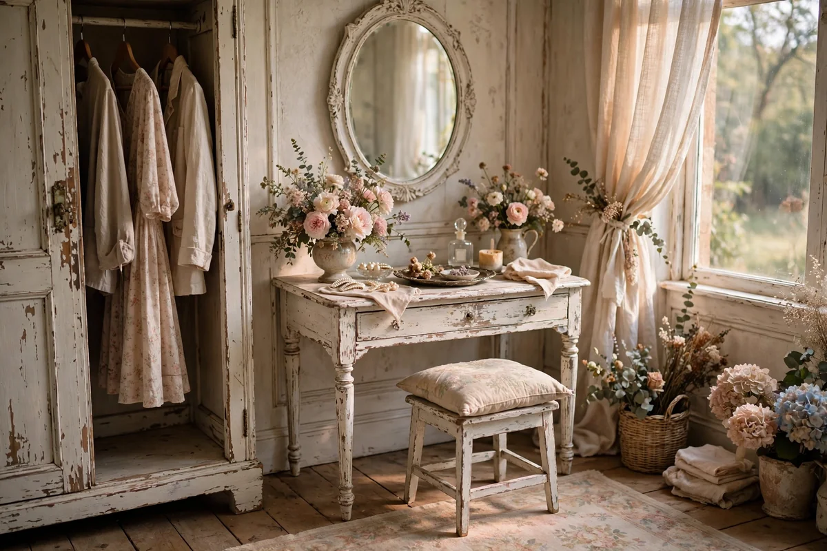 Shabby chic dressing room with distressed white furniture and soft florals