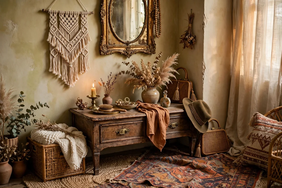 Bohemian vintage dressing corner with layered rugs, macrame and antique mirror