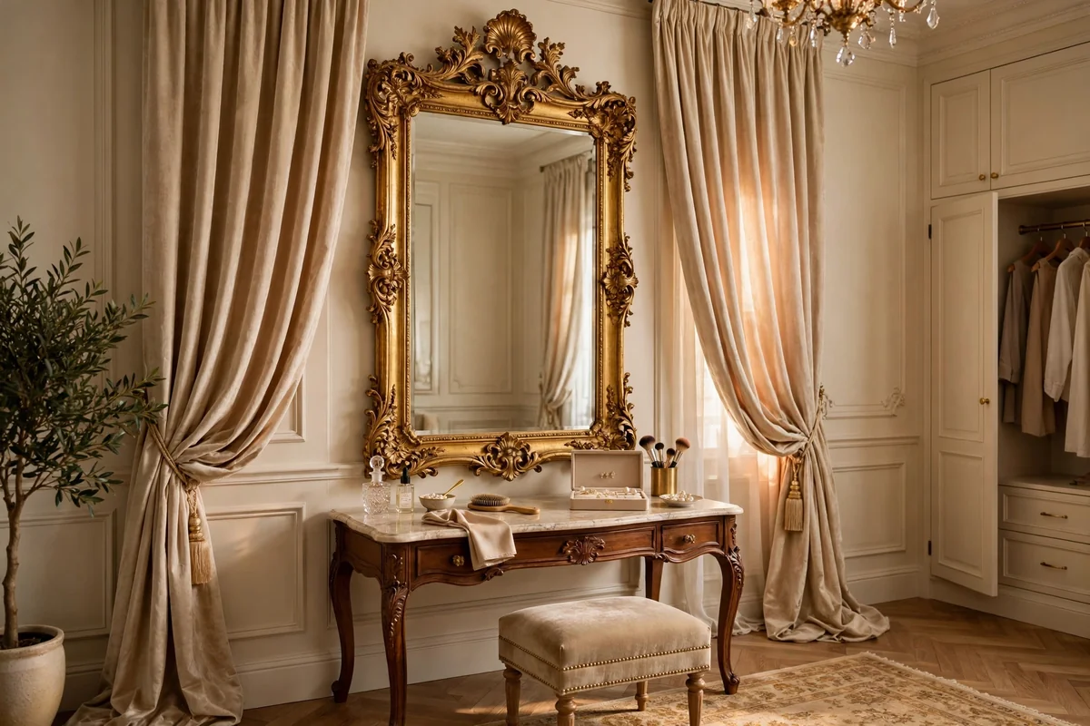 Gilded baroque mirror with champagne drapes in a luxurious dressing room