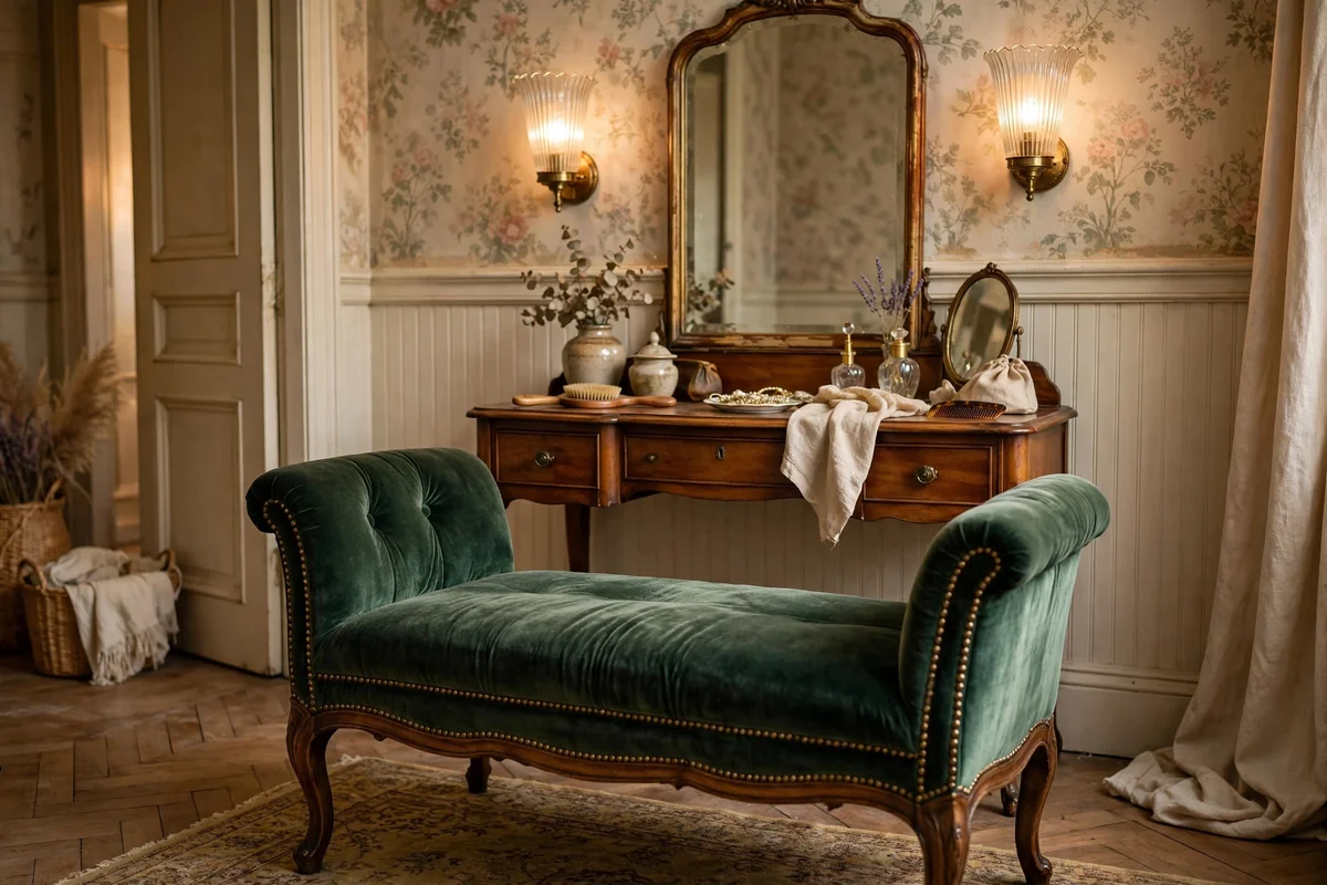 Plush velvet bench in a vintage dressing room with fluted glass sconces