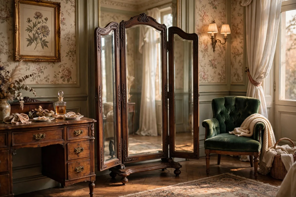 Classic trifold cheval mirror in an elegant vintage dressing area