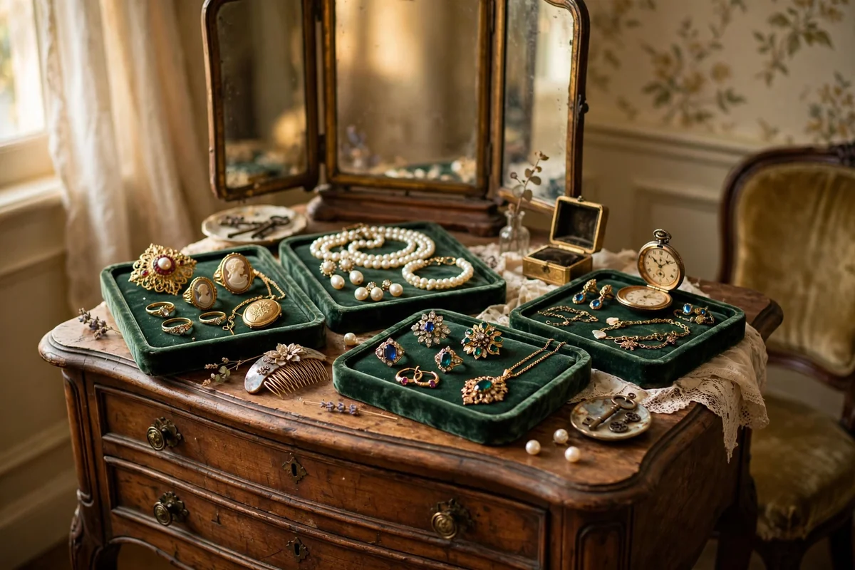 Antique jewelry displayed on velvet trays on a vintage vanity