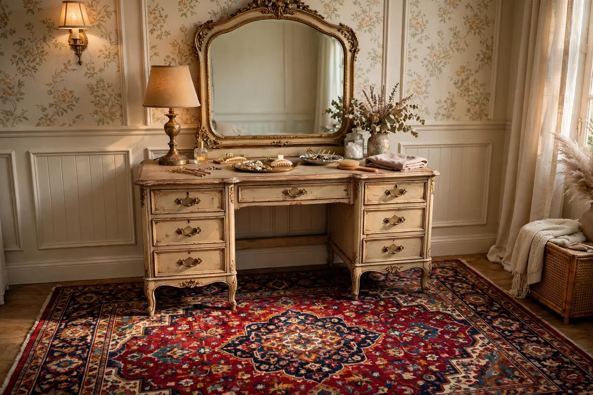 Richly patterned Persian rug under a vintage vanity in a dressing room