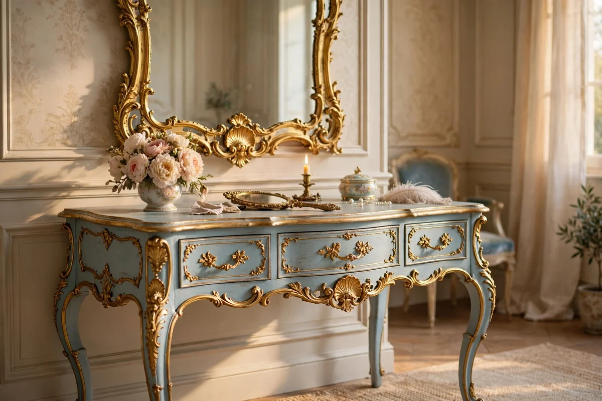 French rococo style dressing table with curvy gilt legs, pastel blue